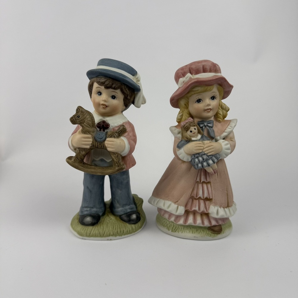 Vintage 1970s Homco Boy W/Rocking Horse Girl W/Doll Set of 2 USA approx 6"